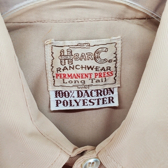 COPY Vtg H Bar C Shirt Men 15 1/2 Long Tail Slim Pearl Snap Tan Dacron Polyester - Picture 4 of 12